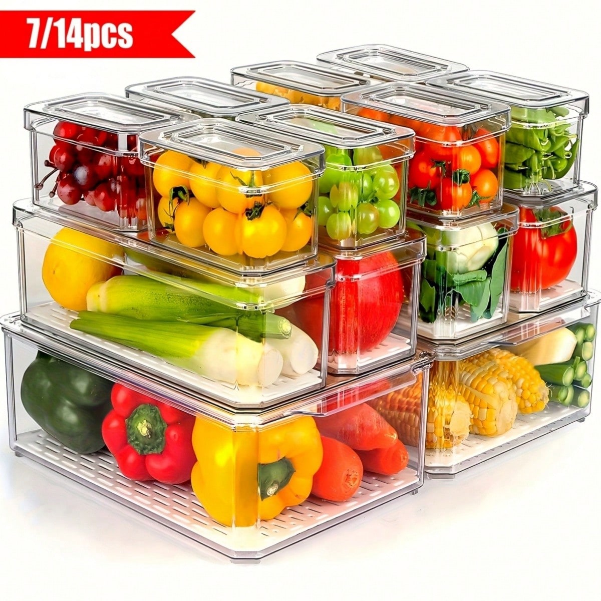 Food Packed Snacks - 7/14팩 적층형 냉장고 정리함(뚜껑 포함), 과일,