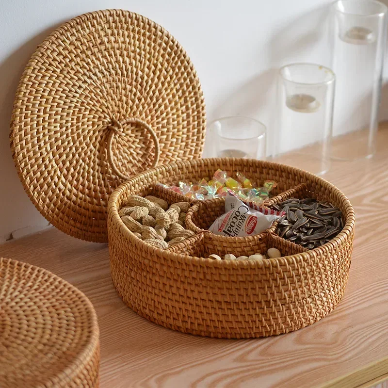 Food Snacks Basket - 천연 등나무 상자 5 그리드 손으로