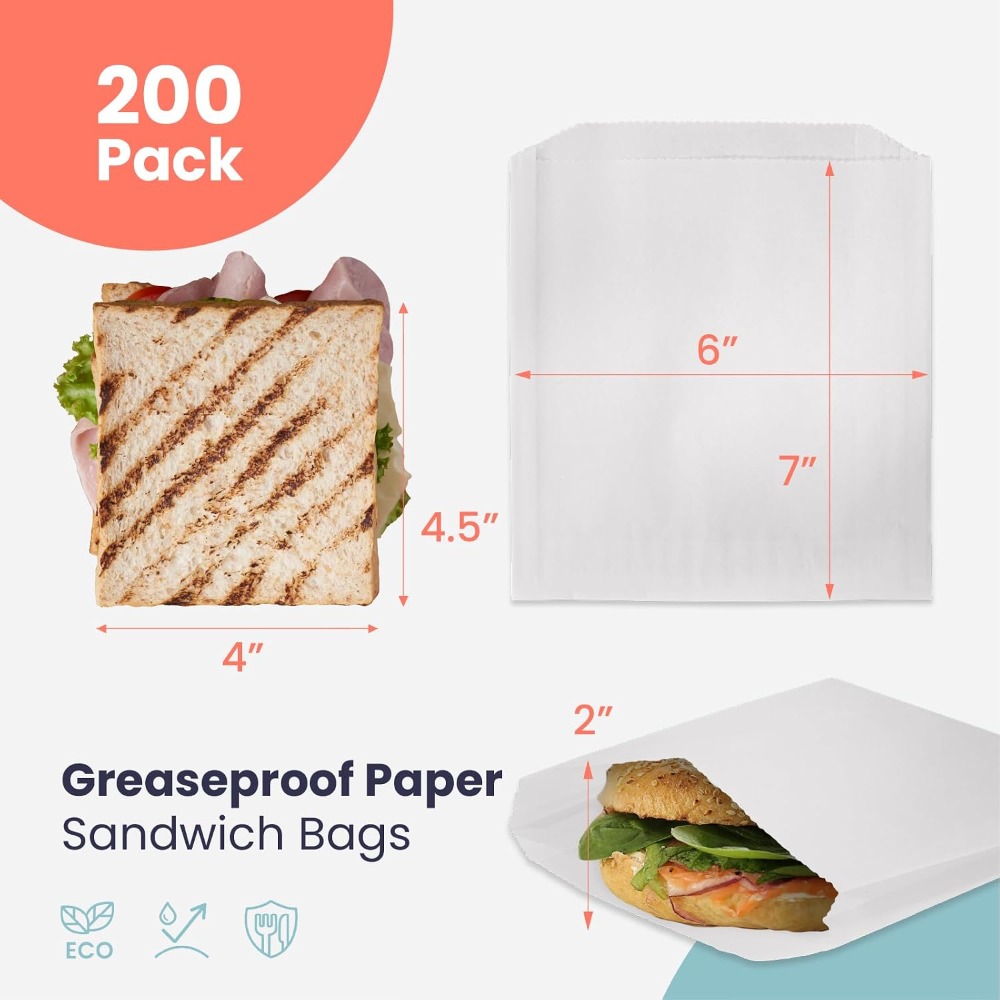200개입 기름방지 샌드위치 봉투 7x6인치 식품 등급 - Food Packed Snacks 리뷰 및 가격
